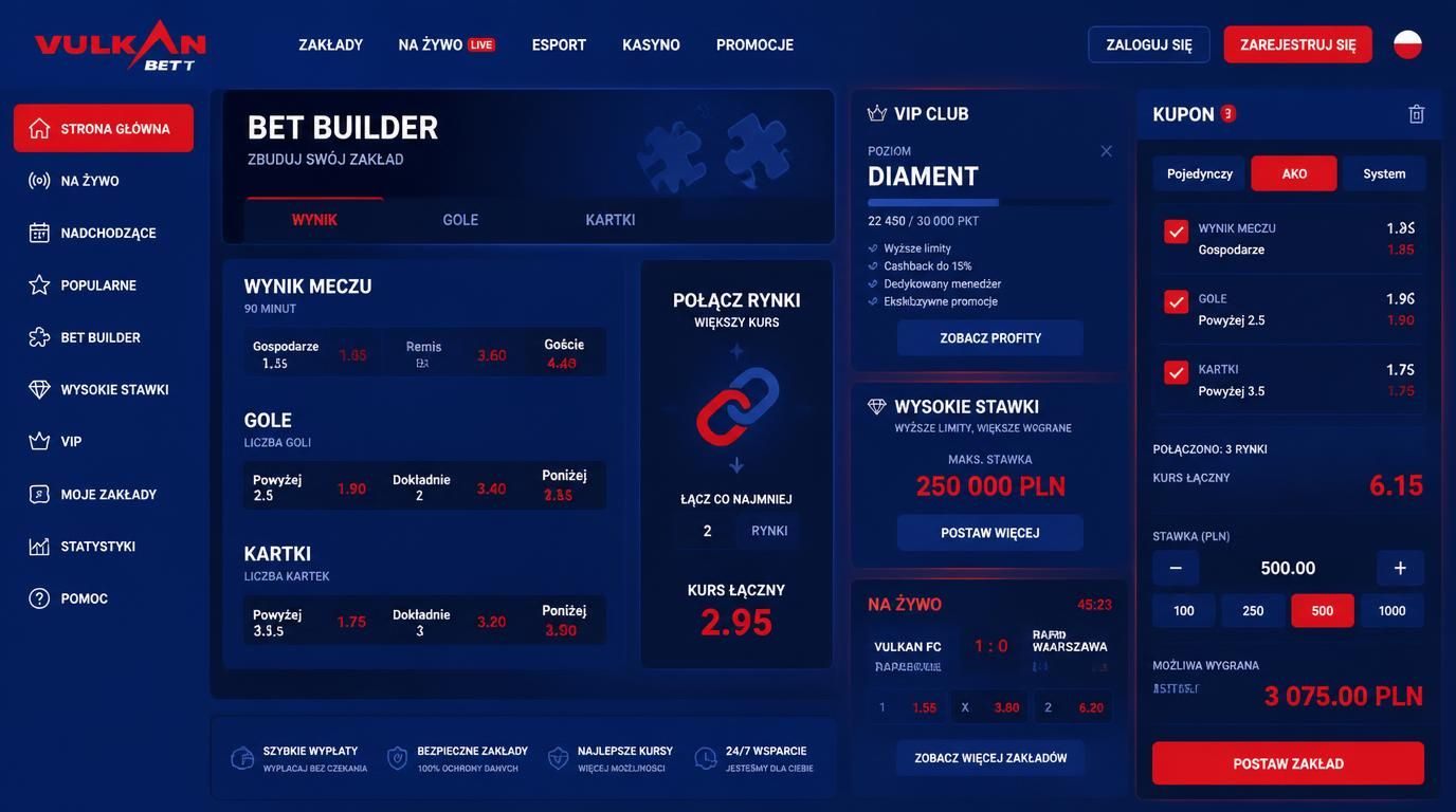 Interfejs Bet Builder z wysokimi stawkami i połączeniem rynków