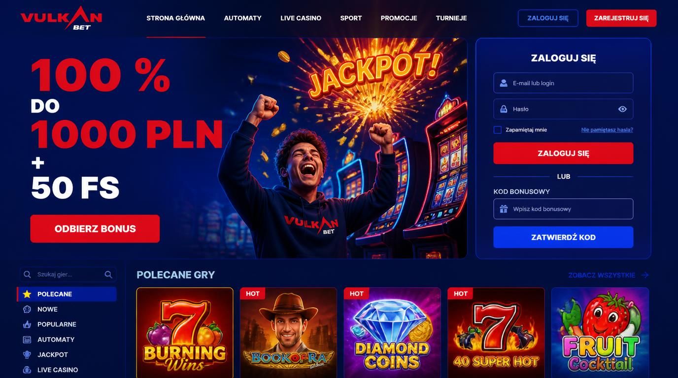 Przód interfejsu kasyna z bonusem powitalnym „100 % do 1000 PLN + 50 darmowych spinów”, eksplozja świateł