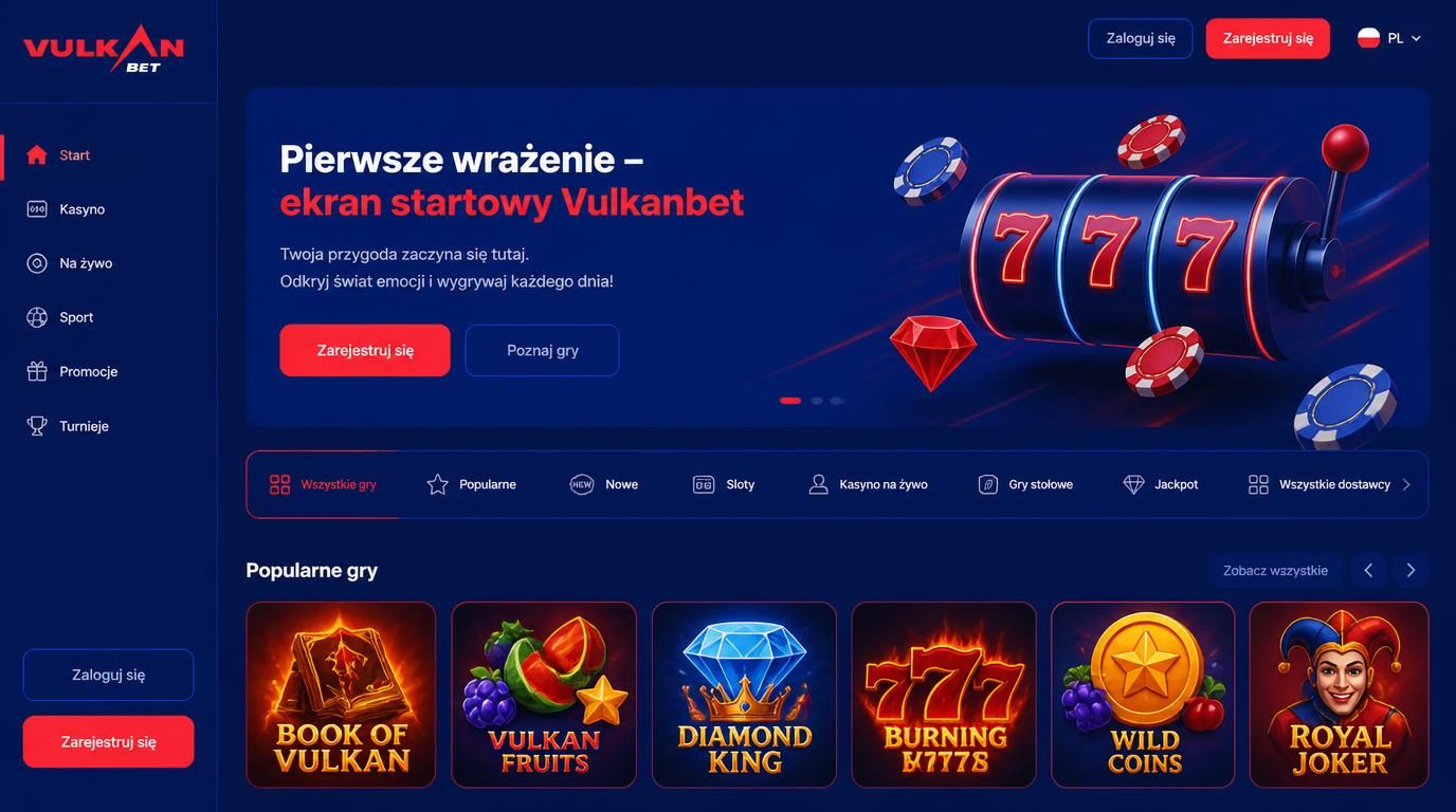 Okno powitalne aplikacji Vulkanbet na ekranie smartfona z widocznymi głównymi przyciskami i stonowanymi bannerami