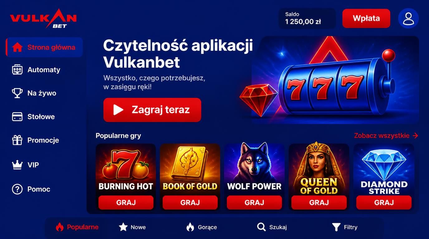 Smartfon z interfejsem Vulkanbet, czysty tekst z dobrym kontrastem, duże przyciski, menu dolne widoczne