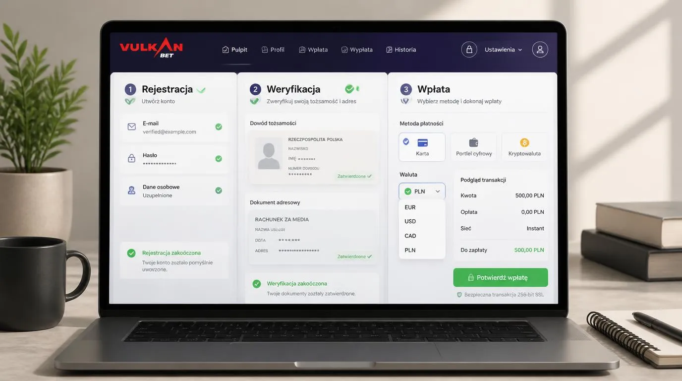 Panel konta z etapami rejestracji, weryfikacji dokumentów i wyboru metody wpłaty