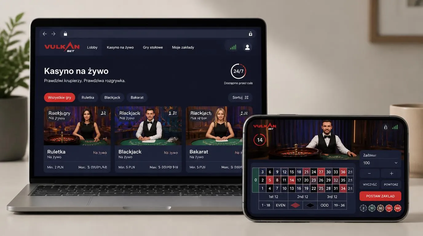 Lobby kasyna na żywo na laptopie i telefonie z widocznymi limitami stołów oraz transmisją krupiera
