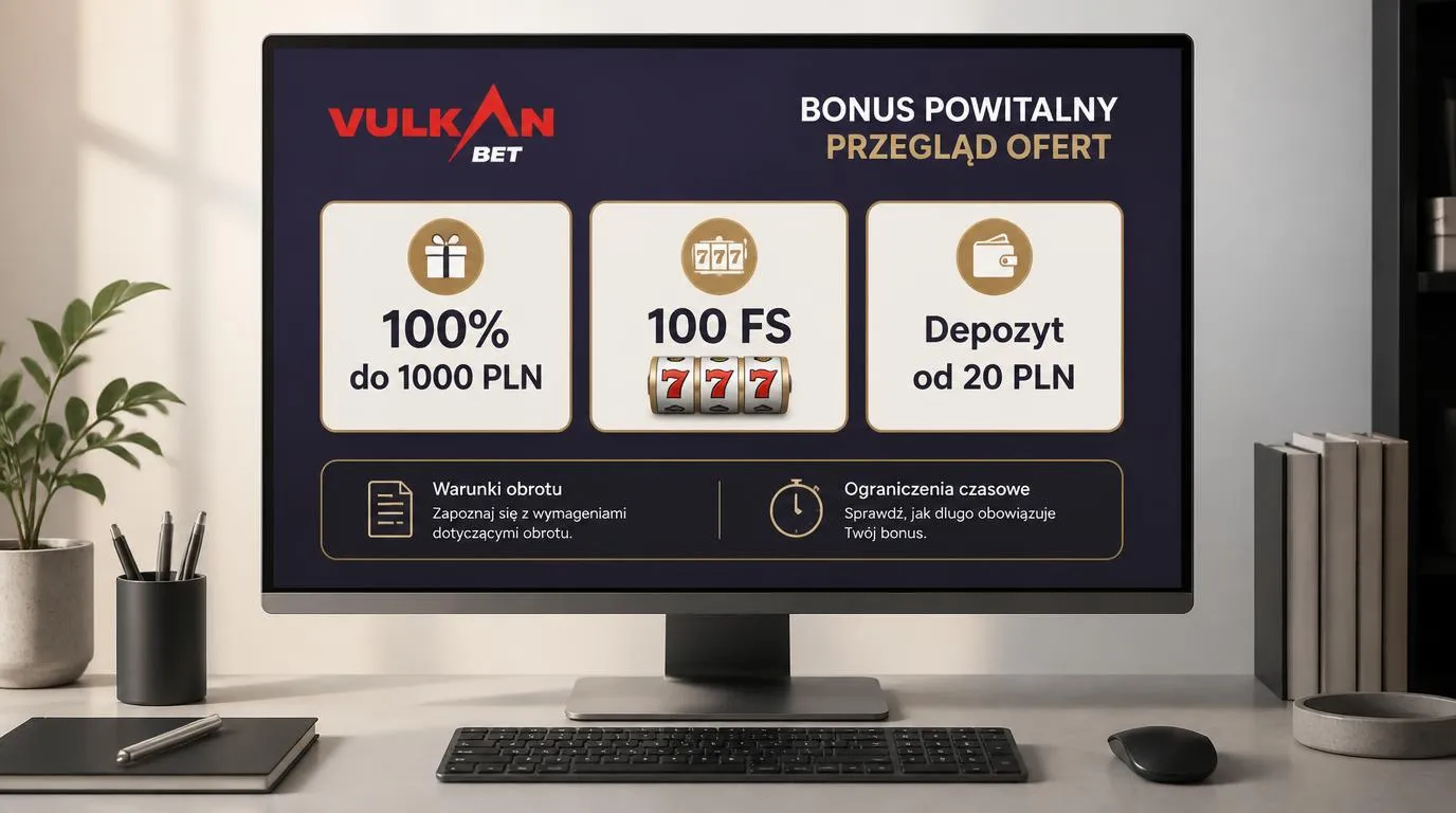 Panel bonusu powitalnego z ofertą 100% do 1000 PLN, 100 darmowymi spinami i minimalnym depozytem 20 PLN